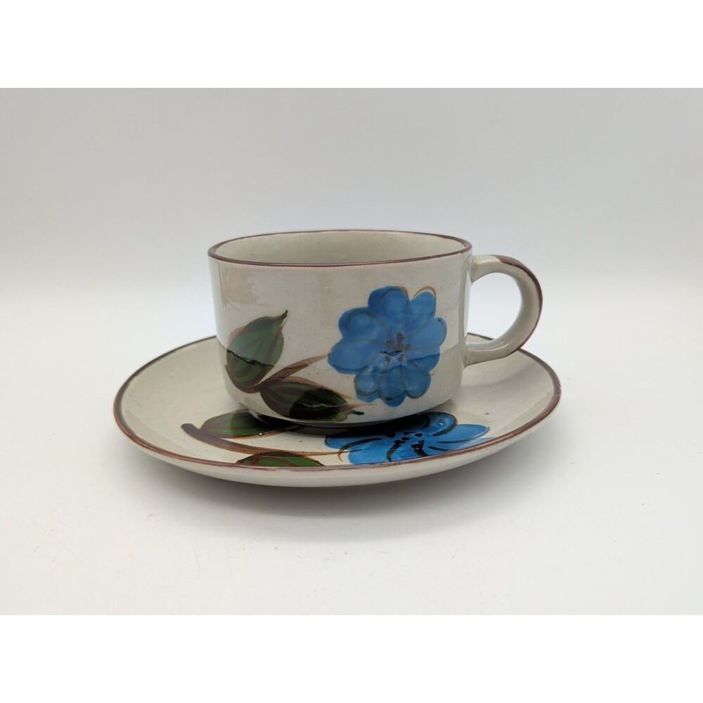 Vtg Stoneware Mug Korea Chili Chowder Soup Cracker Plate Saucer Blue Flower